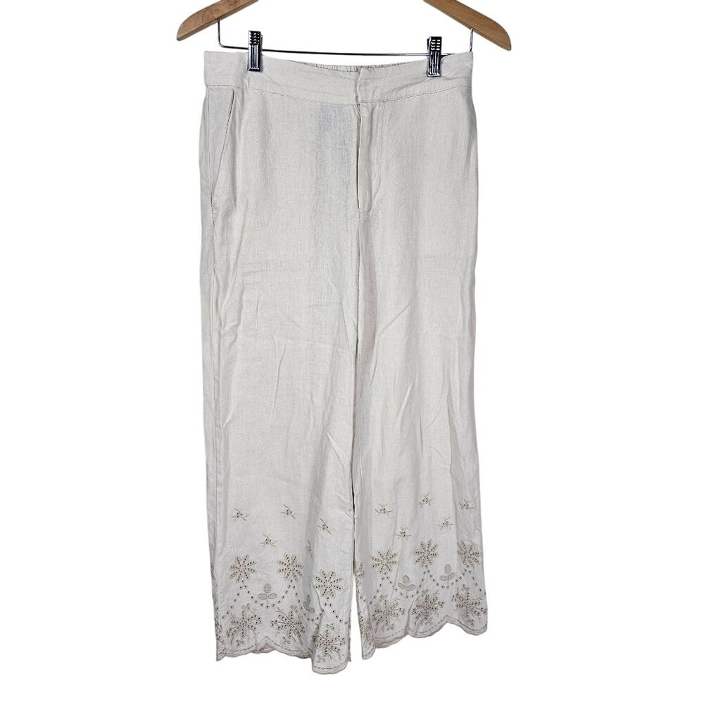 Tahari Linen Embroidered Wide Leg Pants S Cream Scalloped Crop Coastal Neutral